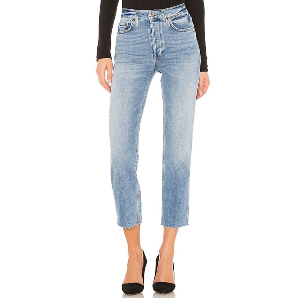 Re/Done 70s Stove Pipe Slim Straight Crop Jean High Waist Raw Hem Light Stone 24